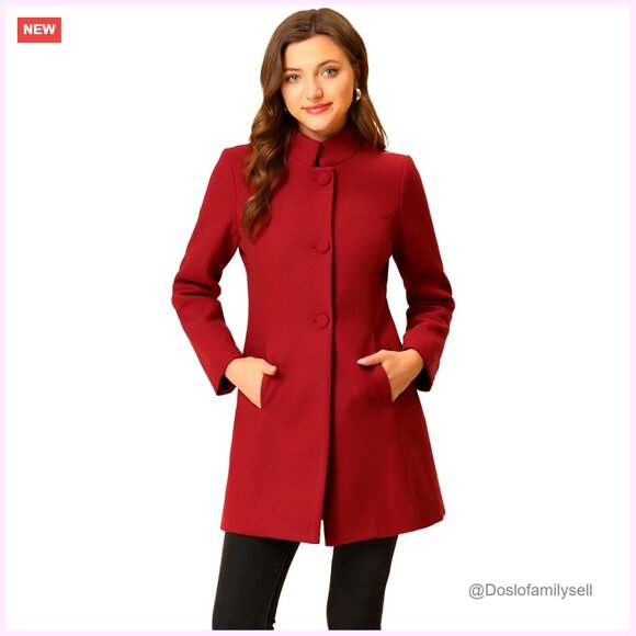 Winter Pea Coat Elegant Classic Stand Collar Single Breasted Mid-Long Overcoat